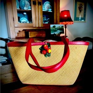 The Sweetest Red Leather Trimmed Rattan Cole Haan Tote – with APPLES